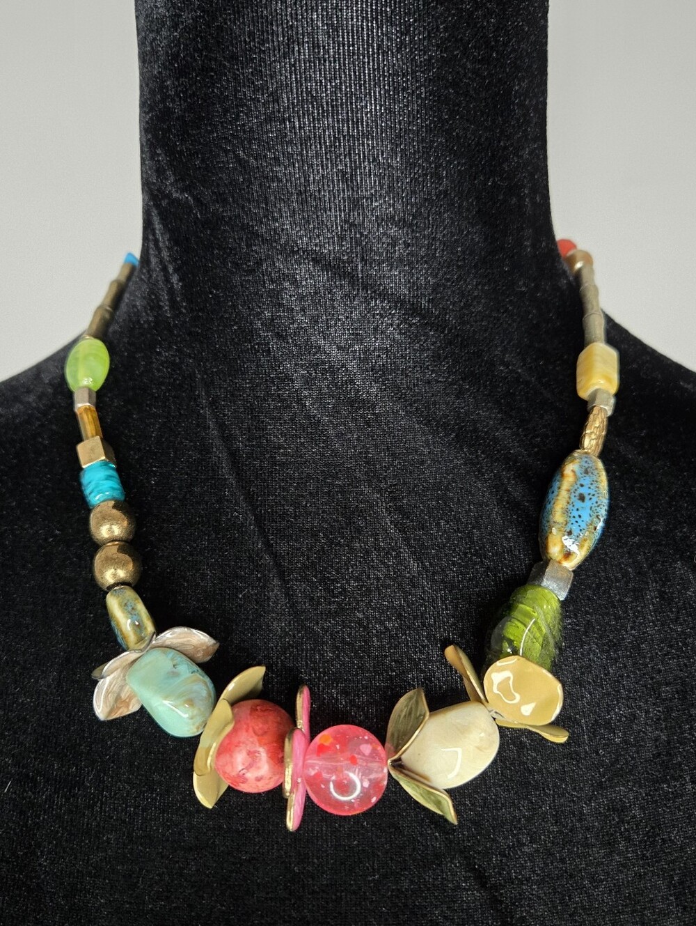 Chico's Multicolor Bead Statement Necklace Silvertone Chain Artsy Bohemian